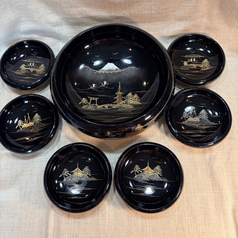 Vintage Japanese Black Lacquerware Bowl Set 7pc‎ Mt Fuji Pagoda Gold Landscape